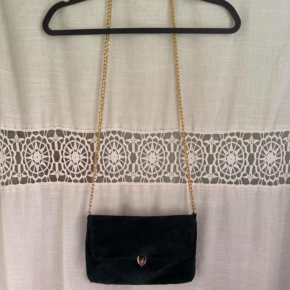 Jennifer Moore Green Suede Crossbody with Gold Chain Strap